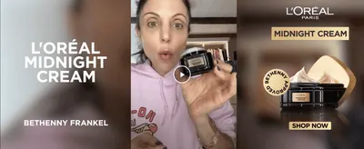 Shows an influencer holding the cream in a casual selfie-style video to build social proof. Ties the product to a well-known endorser and a Shop Now prompt to build trust.