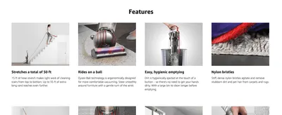 Highlights four distinct product benefits in a segmented grid to build a broad case for the vacuum's versatility.