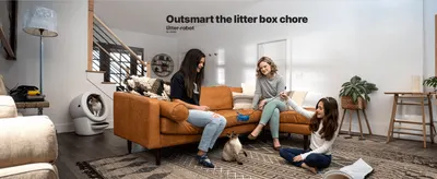 Uses a real-life family scene to reinforce that the product removes the hassle of litter box maintenance.