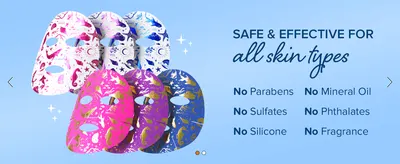 Reassures shoppers the masks are gentle and safe for all skin types by listing excluded harsh ingredients.