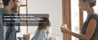 Introduces the genuine LG water filter and its core benefit of fresher, cleaner drinking water over a family lifestyle photo.