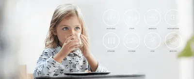 Shows the range of contaminants the filter removes via a segmented icon grid to build confidence in water safety. Reassures shoppers the filter reduces…