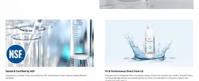 Presents two distinct reassurances side by side, NSF certification and guaranteed direct fit, to justify choosing genuine LG filters. Highlights third-party…