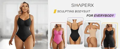 Introduces the SHAPERX brand and its sculpting bodysuit line with an inclusive tagline, showing the range of colors and fits available.