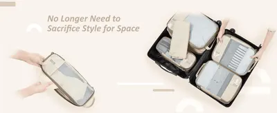 Shows the compression cubes in use to communicate that travelers can pack more without sacrificing style.