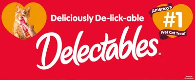 Builds brand recognition and trust with the Delectables logo and an America's #1 wet cat treat claim.