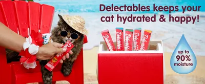 Shows the treats help keep cats hydrated with up to 90% moisture, in a fun beach lifestyle scene. Highlights the 90% moisture figure as a quantifiable benefit.