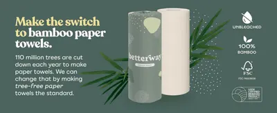 Explains the brand's mission to replace tree-based paper towels with bamboo, building emotional trust. Backs the eco claims with unbleached, 100% bamboo, FSC and USDA certifications.