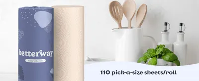 Shows the 110 pick-a-size sheets per roll in a kitchen setting so shoppers see the value and flexibility.
