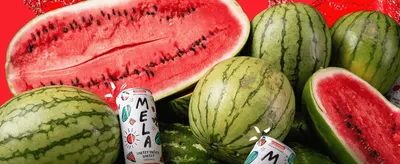 Shows the cans surrounded by fresh watermelons to reinforce the real-fruit, natural sourcing of the drink.