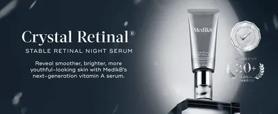 Introduces the retinal night serum with its smoothing, brightening promise and 30+ award credential to build confidence. Positions Medik8 as an award-winning brand with patented technology.