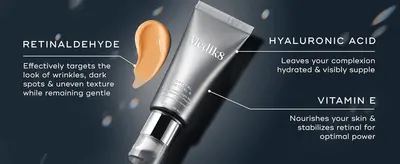 Explains what each key ingredient does so shoppers see how the formula delivers results while staying gentle. Uses callout lines from the tube to label each ingredient and its role.