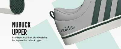 Highlights the nubuck upper material as a nod to the shoe's skateboarding heritage.