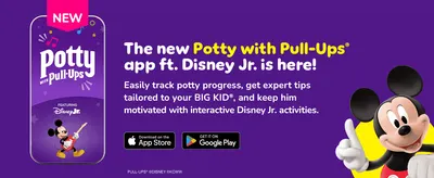 Promotes the free Potty with Pull-Ups app featuring Disney Jr. to help parents track progress and motivate their child.