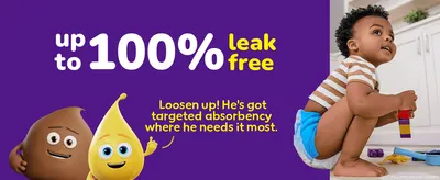 Highlights a bold leak-protection percentage claim to reassure parents the product performs reliably. Shows a child comfortably wearing the pants while calling out targeted absorbency where boys…