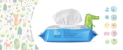 Highlights several product qualities (purified water, hypoallergenic, fragrance-free, made without alcohol or parabens) via a segmented icon list. Reassures shoppers the wipes are gentle and free…