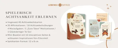 Lists everything included in the mindfulness card set (40 cards, booklet, bonus items) to show shoppers the full value of the box.