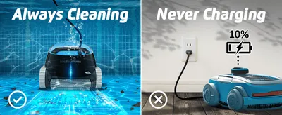 Contrasts an always-cleaning robot with a rival that keeps needing a charge to show it is more convenient. Highlights continuous cleaning without charging interruptions as the core benefit.