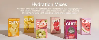 Shows the full flavor range under one plant-based, no-sugar hydration message so shoppers see the choice and trust the brand.