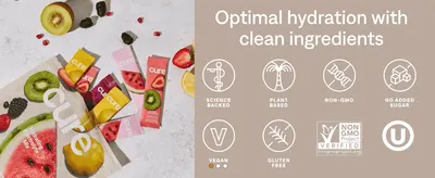 Reassures shoppers with certifications and clean-ingredient icons such as Non-GMO, vegan and gluten free. Presents several ingredient benefits in a segmented icon grid for a quick scan.