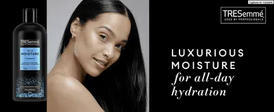 Introduces the brand and its professional-grade positioning to build trust in the moisture claim. Communicates one core benefit, luxurious all-day moisture, over a clean model and product shot.