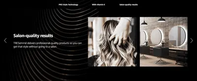 Tells shoppers the product gives salon-quality styling results at home, using a carousel slide with photos. Backs the brand's professional-quality positioning with salon imagery.