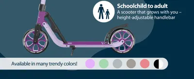 Shows the scooter grows with the rider via a height-adjustable handlebar, while also flagging the range of available colors.