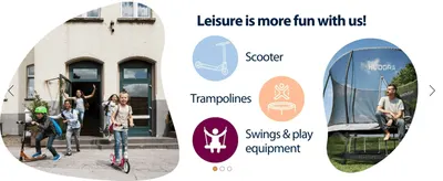 Introduces the wider HUDORA leisure range (scooters, trampolines, swings) beyond the product being purchased.