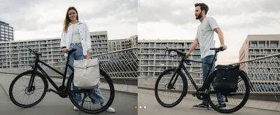Shows the bag in real use by both a man and a woman commuting by bike to help shoppers picture everyday ownership.
