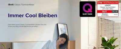 Introduces the tower fan with a calming lifestyle scene and a stay-cool headline to build an emotional case for quiet, comfortable cooling. Builds trust by showing third-party recognition from Quiet…