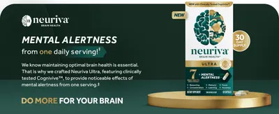 Introduces the Neuriva Ultra product and brand identity while highlighting the headline mental alertness claim. Communicates that mental alertness benefits…