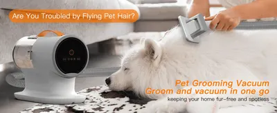 Shows the vacuum grooming a dog in one motion to convey convenience and mess-free grooming at home.