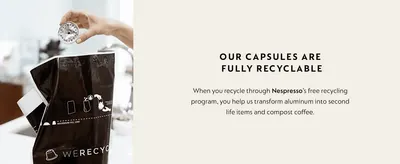 Shows the capsules are fully recyclable through Nespresso's free program, reassuring eco-minded shoppers. Presents one clear benefit in a clean layout with a single headline and short supporting copy.