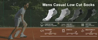 Communicates the sock's material, fit, and performance specs across labeled icon panels so shoppers can quickly assess fit and quality.