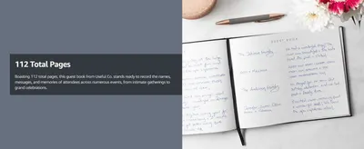Uses the 112-page count to show the book has enough room to record guests from any size of event. Presents ample page count as a clear benefit for events big and small.