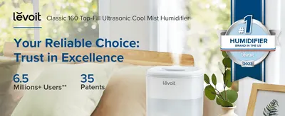 Builds trust by positioning Levoit as the #1 humidifier brand backed by a large user base and patent portfolio. Uses concrete numbers (6.5M+ users, 35…