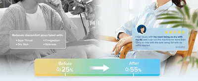 Proves the product's effectiveness by showing measured room humidity rising from an uncomfortable to an ideal level. Builds trust by sharing a real customer's experience relieving dryness symptoms…