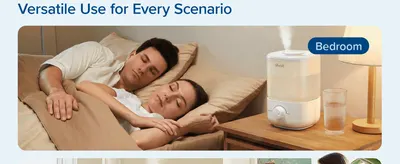Shows the humidifier fitting naturally into different rooms and routines, starting with bedtime use, to demonstrate everyday versatility.
