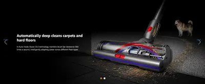 Explains that Dyson DLS technology senses floor resistance and automatically adjusts suction power for carpets and hard floors.