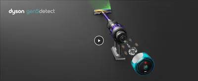 Introduces the Dyson Gen5detect with brand identity and a video play button to invite shoppers into a closer look at the product.