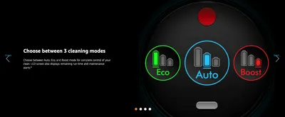 Explains the Eco/Auto/Boost mode options and LCD screen so shoppers understand they can control cleaning intensity and battery use.