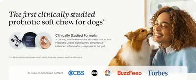 Tells shoppers the probiotic chew is backed by a 29-day clinical trial, so they trust it supports gut health. Shows CBS, ABC, NBC, BuzzFeed and Forbes logos to add outside credibility.
