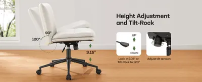 Uses zoomed callouts and measurements to show how the chair's tilt-lock and height adjustment mechanisms work.
