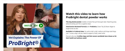 Uses a vet-hosted video plus formula, sizing and trust claims to convince shoppers the dental powder is easy to use and effective. Points shoppers to a video explaining how the dental powder works,…