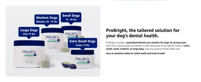 Shows the full range of tub sizes tailored to different dog weights, helping shoppers pick the right option from the line. Communicates that the product is formulated specifically for each dog's…