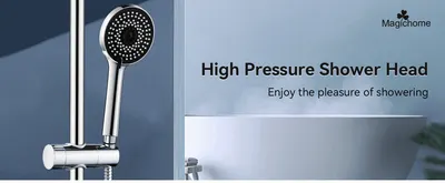 Introduces the shower head with a simple lifestyle scene and headline to establish the high-pressure showering benefit.