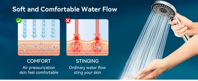 Contrasts the product's air-pressurized flow against ordinary water flow to prove a gentler, more comfortable shower experience.