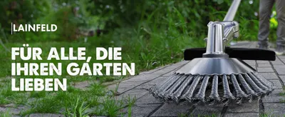 Introduces the Lainfeld brand with an emotional tagline for garden lovers over a lifestyle scene.