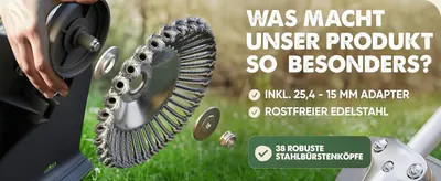 Highlights three key selling points (included adapter, stainless steel, 38 brush heads) to explain what makes the product special.