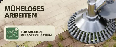 Shows the weed brush attachment gliding easily over paved surfaces to reassure buyers the tool makes clearing weeds from pavement effortless.